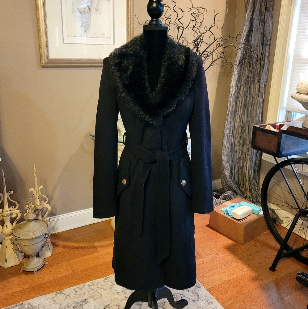 Bebe Wool Blend Long Coat Faux Fur Collar Designer Luxury Celebrity #81